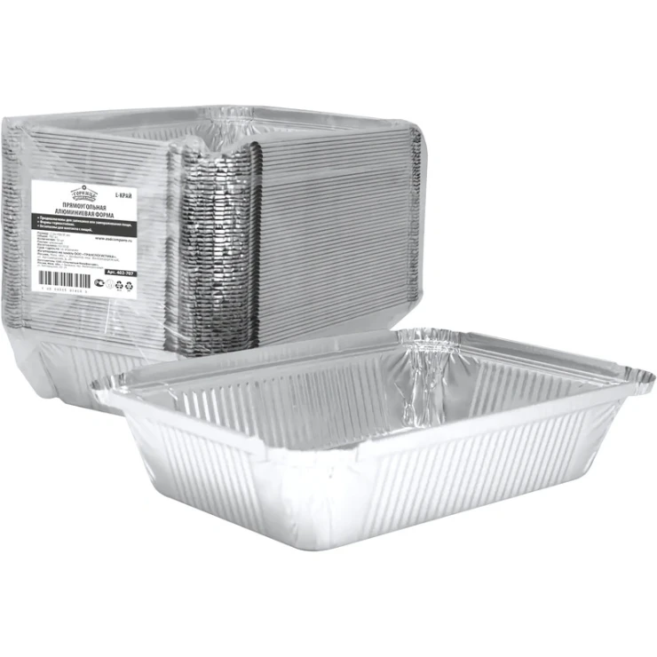 Форма алюминиевая прямоугольная 402-707 780 мл (210х148х38 мм, 50 штук в упаковке) Форма алюминиевая прямоугольная 402-707 780 мл (210х148х38 мм, 50 штук в упаковке)